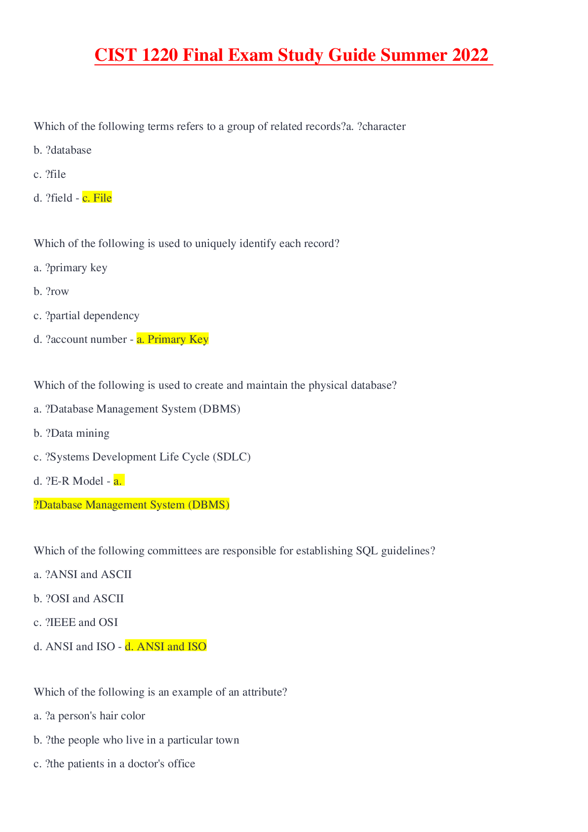 Preview image for CIST 1220 Final Exam Study Guide Summer 2022